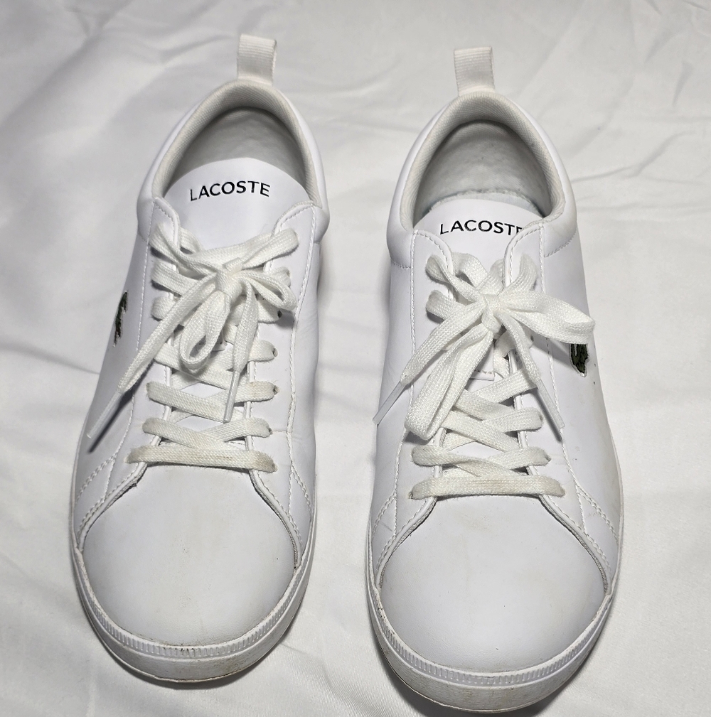Lacoste Men's Court Base 224 1 White Leather Shoes Size 7.5 7 1/2 Excellent B1